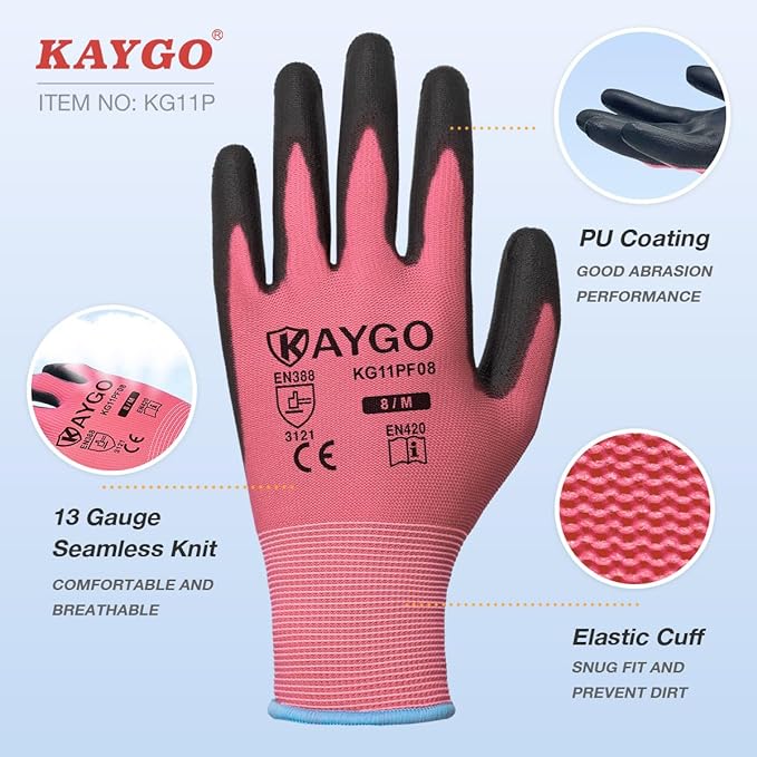 KAYGO Safety Work Gloves PU Coated-12 Pairs, KG11P Seamless Knit Glove with Polyurethane Coated Smooth Grip on Palm & Fingers, for Men and Women, Ideal for General Duty Work,Pink,Medium