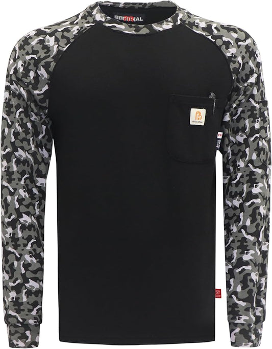 BOCOMAL FR Shirts Crewneck 7oz Midweight Flame Resistant Clothing NFPA2112 CAT2 Men's Fire Retardant Work Shirt
