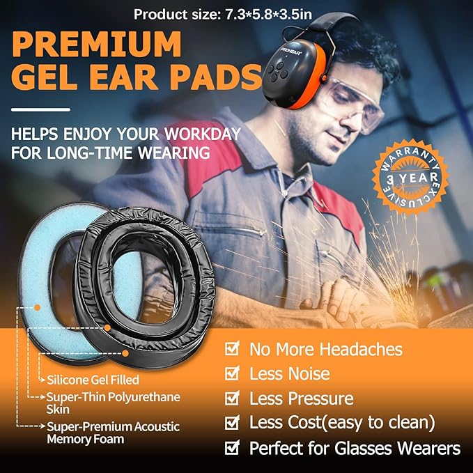 PROHEAR 037 Gel Ear Pads Bluetooth 5.3 Hearing Protection Headphones,1500mAh Rechargeable Battery for 120H Playtime Perfect for Mowing Workshops Snowblowing - Orange