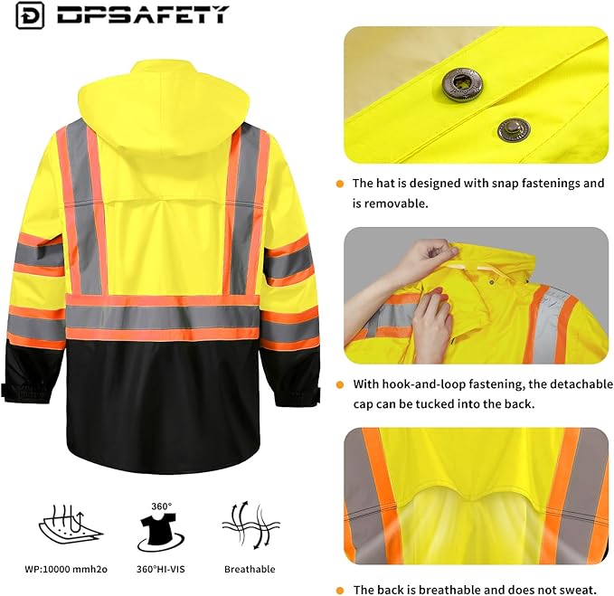 Reflective Rain jackets for men waterproof,Hi Vis Safety Coat With Reflective Strips，High Visibility Class 3 Rain jackets With 2 large pockets,Zipper,Lime,2XL/3XL