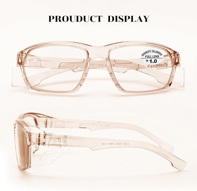 ProtectX Stylish Anti-Fog & Scratch-Resistant Safety Glasses With Readers, UV Protection Goggles, Anti-Impact Lightweight Glasses for Men＆Women Cold Brew Reading 1.0-2 Pack