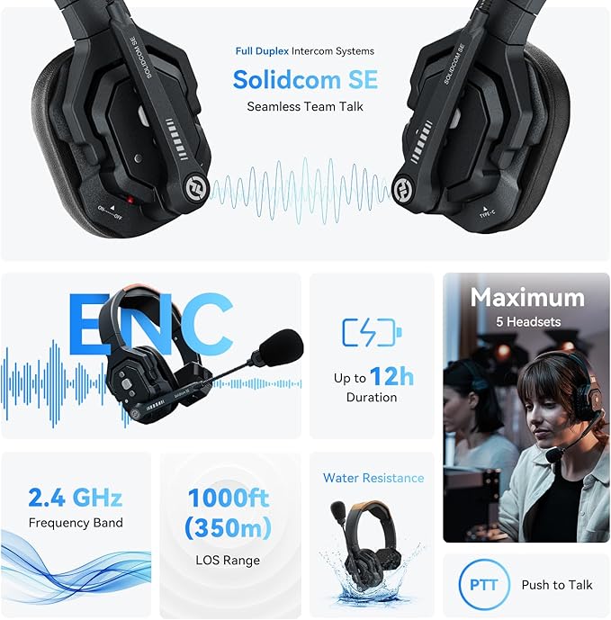 Hollyland Solidcom SE Full Duplex 4-Users ENC Noise Cancellation Wireless Intercom Headset System 1100ft Team Communication with PTT Mute Single Ear Headset for TV Film Production (2.4GHz Version)