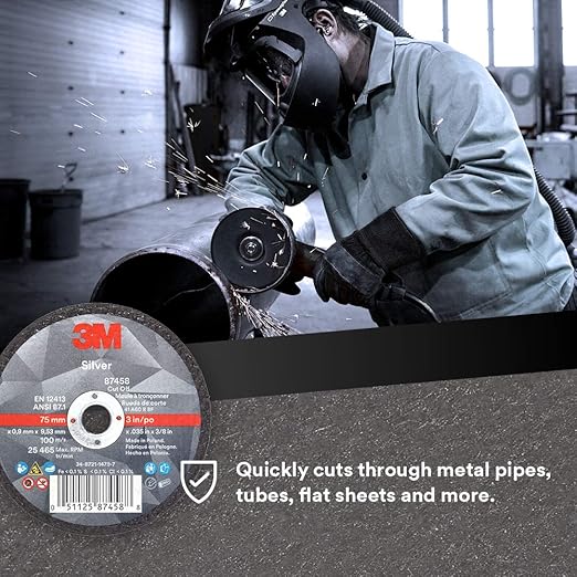 3M Silver Cut-Off Wheel, 87458, T1, 3 in x .035 in x 3/8 in, Pack of 25, Precision Shaped Grain, Pipe Cutting, Stainless and Mild Steel, Metal Fabrication, Metalworking