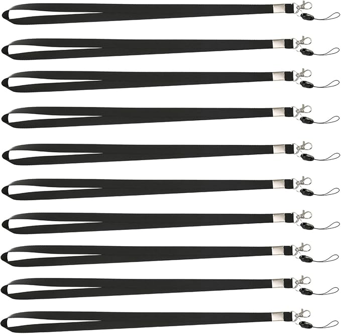 YOUOWO Neck Office Nylon Woven Black Lanyards For Badges Holders with J-Hook Enhanced Model Hook,Ether Ideal Lanyards For ID Name Badges,Keys,Cell Phone,USB,Whistles,Pack of 10