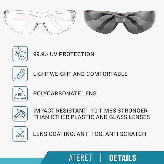 ATERET 12 Pairs Safety Glasses, Scratch Resistant Polycarbonate ANSI Z87.1 Impact Resistant Lens