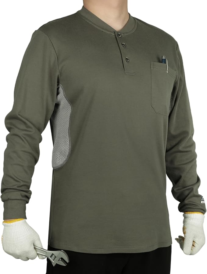 BOCOMAL FR Shirts Summer Vented Mesh Breathable Henley Shirt 5.5oz Flame Resistant CAT2 Work Clothing
