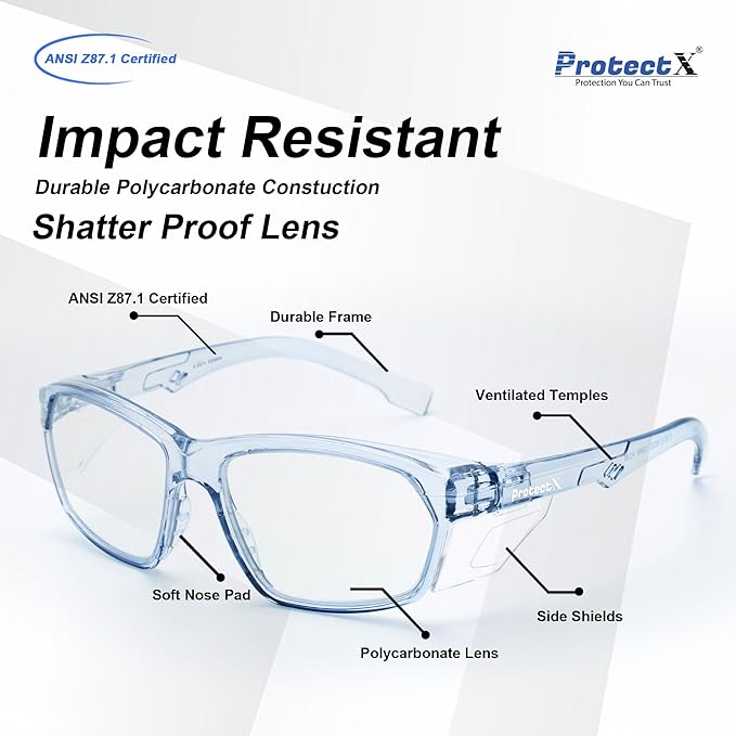 ProtectX Stylish Anti-Fog & Scratch-Resistant Safety Glasses, UV Protection Goggles, Anti-Impact Lightweight Glasses for Men＆Women Clear - 6 Pack,Blue