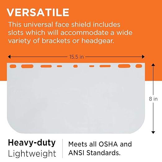 WOLF Replacement Face Shield with Holes for Adapter Brackets, Headgear, Splash Impact Saliva Chemical Hazard Protection, Heavy-duty Lightweight, 8’’x15.5’’x0.40’’, PETG, Clear (5)