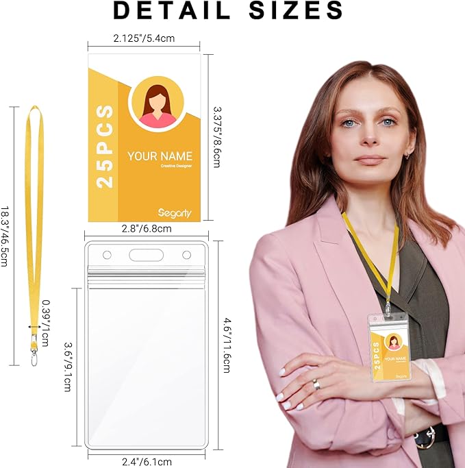Segarty Lanyards with ID Holder, 25 Pack Vertical Badge Clear Plastic Name Tags Neck Key Card Bulk, Yellow Strap Clips Waterproof Ziplock Nametag Protector for Women, Business, Student, School, Office