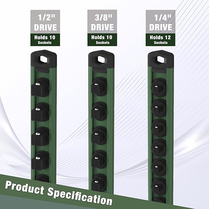 WORKPRO Magnetic Socket Organizer, 1/4-Inch Drive Aluminum Alloy Socket Rail, Heavy Duty Socket Holder, Socket Rack Kit 1/4-Inch x 12 Clips Green (Socket not Included)