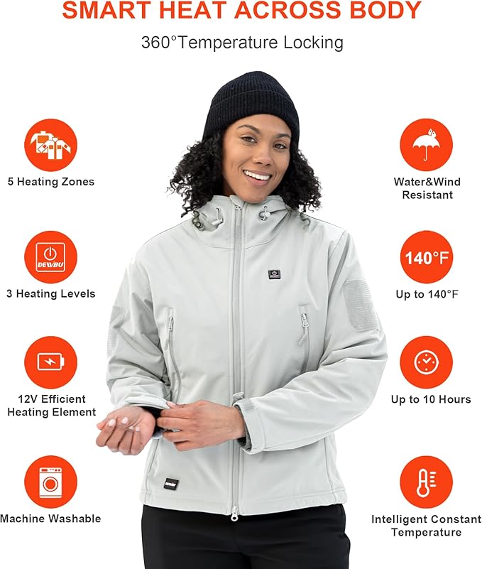 DEWBU Heated Jacket for Women with 12V Battery Pack Winter Outdoor Soft Shell Electric Heating Coat