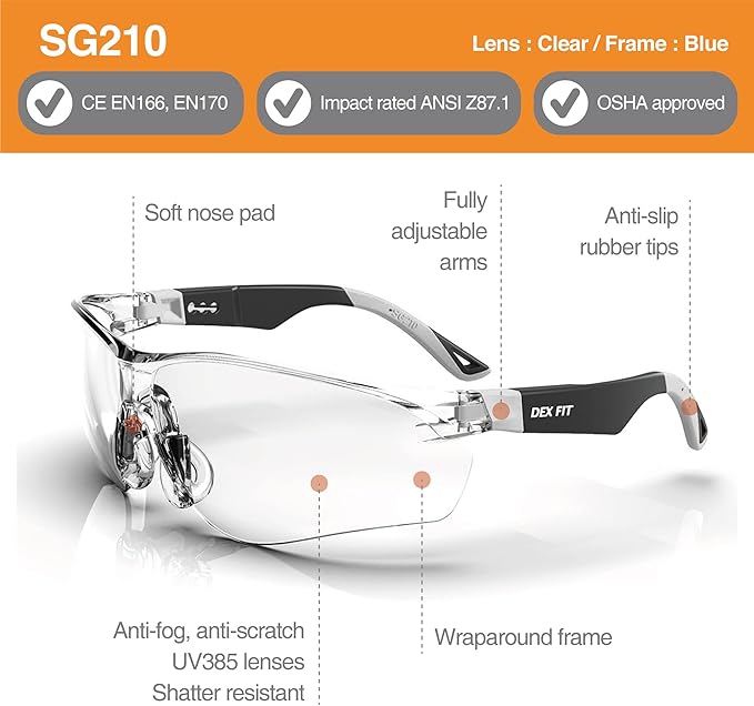 DEX FIT Safety Glasses SG210; 6 Pairs, Z87, Anti-Fog & Scratch Resistant, Adjustable for Women and Men, UV Protection (Black & Grey Frame, Clear Lens)