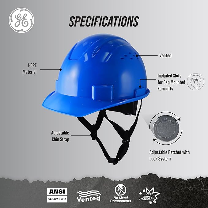 GE Cap Style Hard Hat, 4-Point Ratchet Suspension, Earmuff Slots, High Impact Resistant, Sweat-Wicking Sweatband, Meets ANSI Z89.1-2014, Comfortable, Durable, and Protective - Blue, Vented