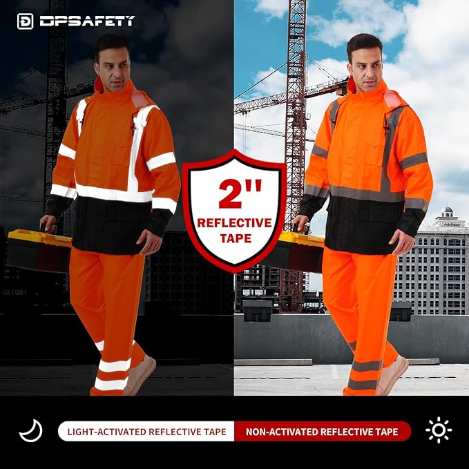 Hi Vis Safety rain Jacket，Reflective Class 3 Rain coat with Inner Mesh Lining and Pockets High Visibility Waterproof work Rain Suits for men&women（Tangerine,SM/MD）