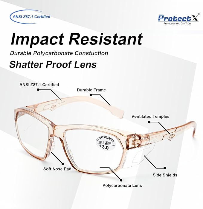 ProtectX Stylish Anti-Fog & Scratch-Resistant Safety Glasses With Readers, UV Protection Goggles, Anti-Impact Lightweight Glasses for Men＆Women Cold Brew Reading 3.0-6 Pack