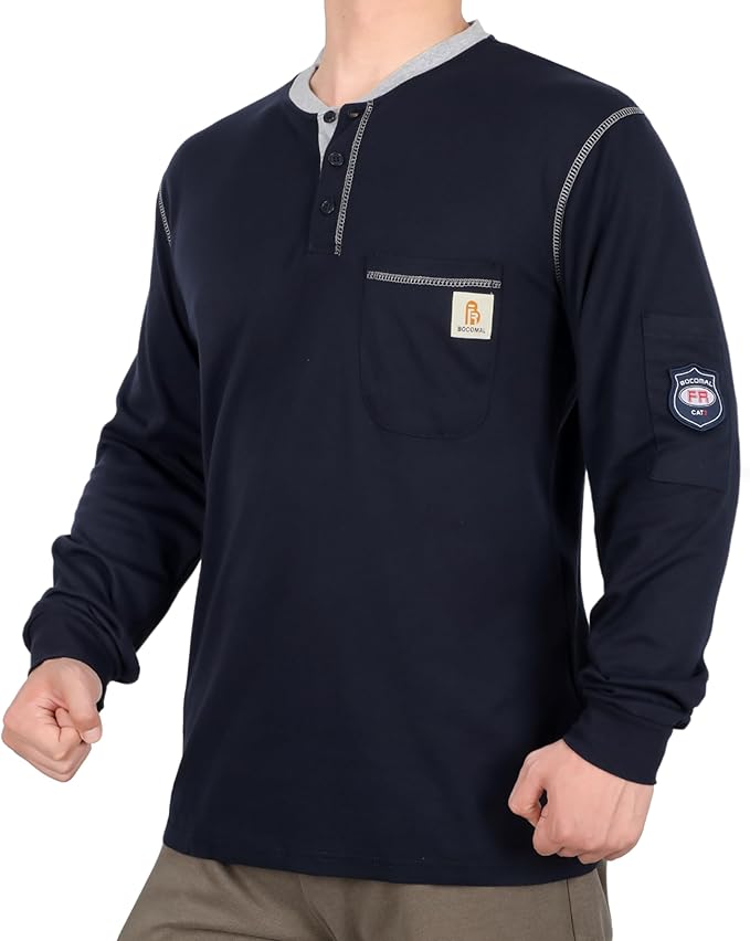 BOCOMAL FR Shirts for Men CAT2 5.5oz Long Sleeve Henley Workwear Flame Resistant Fire Retardant Shirt