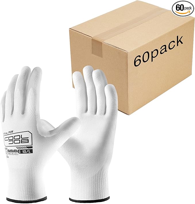 COOLJOB 60 Pairs Safety Work Gloves Pack Bulk with Grip PU Coating, 13 Gauge Seamless Knit Gloves with Polyurethane Dipped for Warehouse Working, Breathable Lightweight for Men Women, White Medium