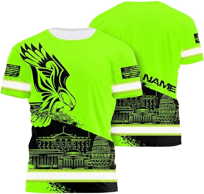 Matedecor Skull High Visibility Shirt Men Reflective Safety Shirts US Flag Custom Name Workwear, Runners, Walkers, Patriotic
