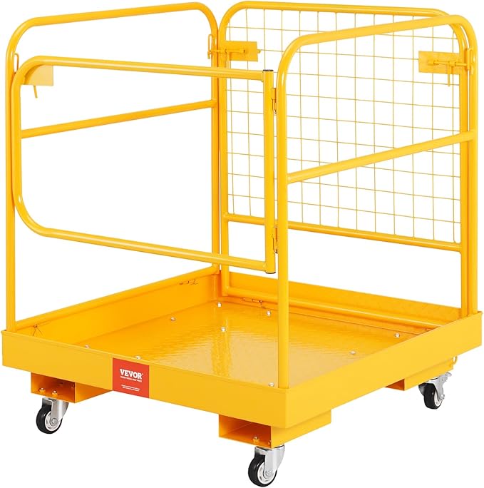 VEVOR Forklift Safety Cage, 36 x 36 Inches Foldable Forklift Work Platform of 1200 lbs Load Capacity with Lockable Swivel Wheels, Drain Hole & Device Chain, Holds 1 to 2 Adults, Ideal for Aerial Work