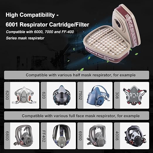 10 Pair 6001 Filter Cartridges for Respirator - Respirator Cartridges& Filters, Particulate Filter - Against Dust/Organic Vapor/Chemical, Compatible with 6000, 7000, FF-400 Series Respirator Brown