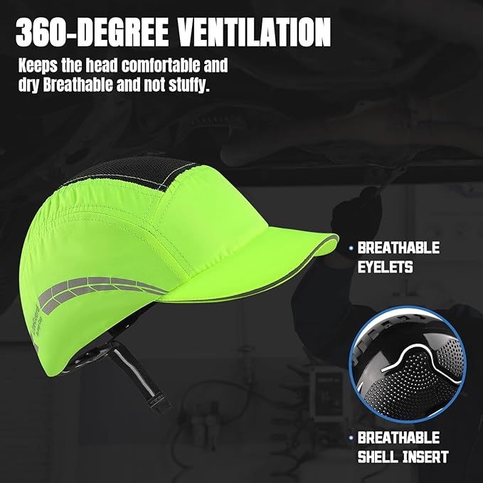 Lightweight Bump Cap with Reflective Stripes, Breathable Baseball Cap Style, Head Protection Hard Hat for Men Women
