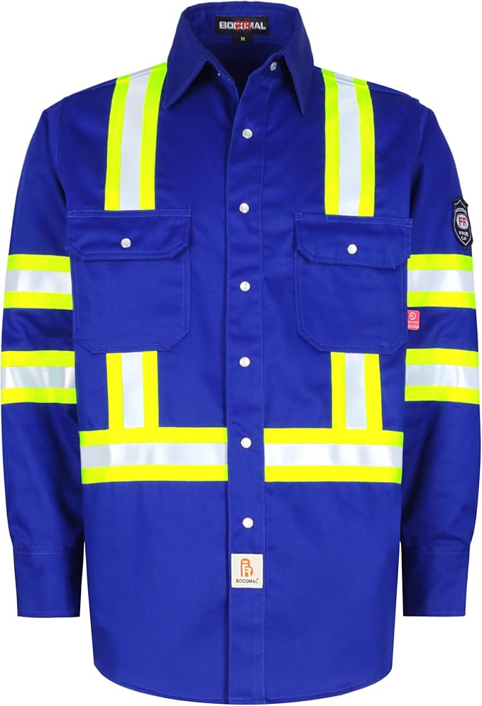 BOCOMAL FR Shirts High Visibility/Hi Vis Flame Resistant/Fire Retardant Shirt 7.5oz Men's Reflective Shirts