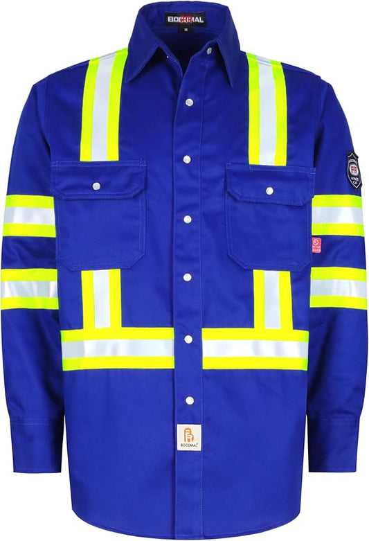 BOCOMAL FR Shirts High Visibility/Hi Vis Flame Resistant/Fire Retardant Shirt 7.5oz Men's Reflective Shirts