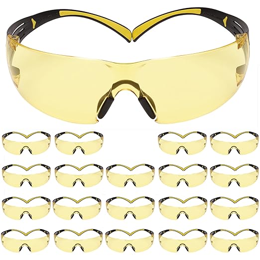 3M Safety Glasses, SecureFit, 20 Pack, ANSI Z87, Scotchgard Anti-Fog Anti-Scratch, Amber Lens, Yellow/Black Frame, Flexible Temples