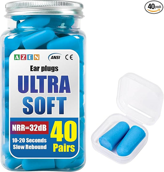 AZEN 40 Pairs Ear Plugs Bulk, NRR 32dB Soft Foam Ear Plugs for Sleeping Noise Cancelling, Earplugs for Concerts Shooting Swimming Noise Reduction (Lake Blue)
