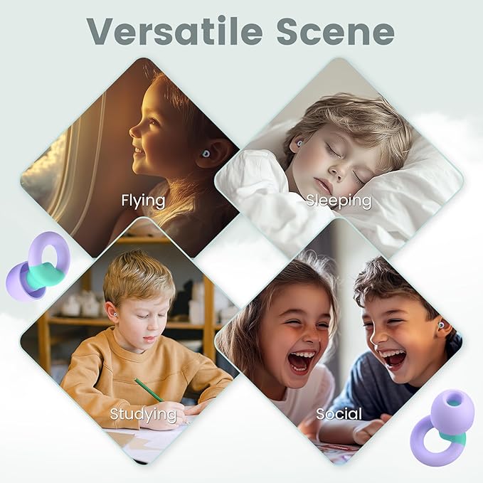 Kids Ear Plugs(6+yrs)-2 Pairs of Reusable Noise Reduction Earplugs for Small Canal With 6 Tips,Soft Silicone Earplugs for Sleeping,Focus,Travel,Socializing,Concert&Hearing Protection 25dB-30dB
