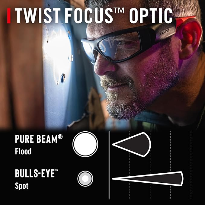 CoastSPG500 Rechargeable Lighted LED SafetyGlasses,Bulls-Eye Spot Beam,ANSI Z87Standards, 2Scratch Resistant Lenses (Clear,Yellow) Included, UVProtection, Protective Carrying Case Included (Black/Red)