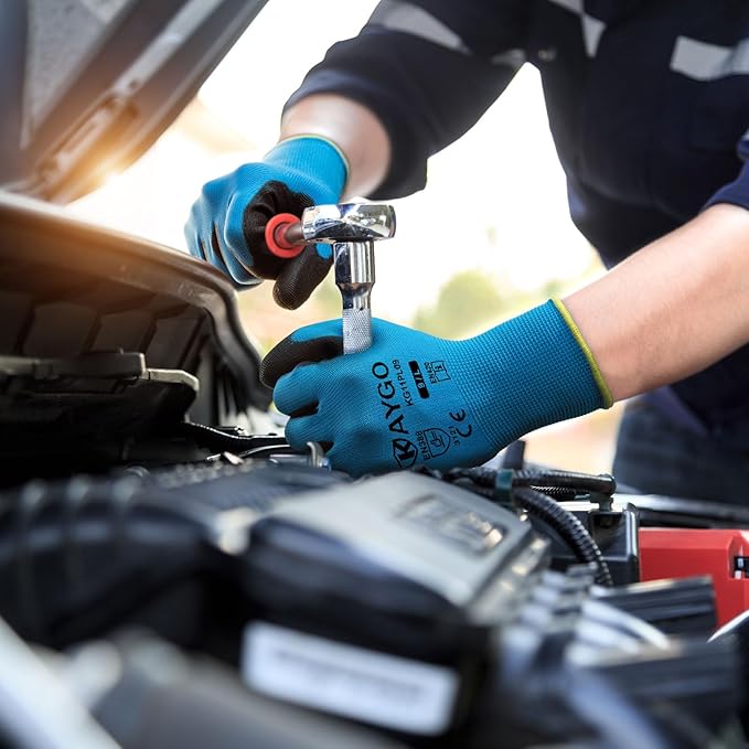 KAYGO Safety Work Gloves PU Coated-60 Pairs, KG11P Seamless Knit Glove with Polyurethane Coated Smooth Grip on Palm & Fingers, for Men and Women, Ideal for General Duty Work,Blue.X-Large