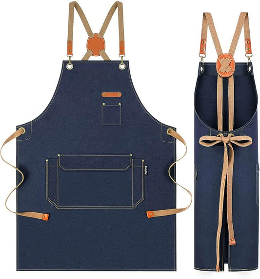 Chef Apron with Cross Back Straps for Men Women, Cotton Canvas Apron for Artists Painting, Kitchen Cooking