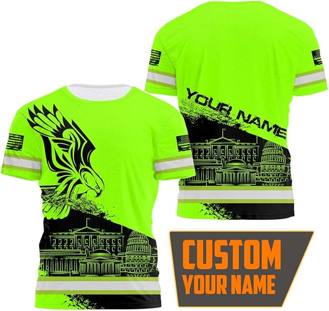 Matedecor Skull High Visibility Shirt Men Reflective Safety Shirts US Flag Custom Name Workwear, Runners, Walkers, Patriotic