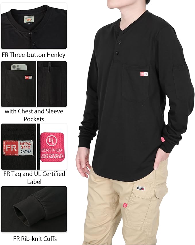 TICOMELA FR Shirts for Men Heather Series 6oz Flame Resistant T Shirt NFPA2112 CAT2 Fire Retardant Henley Shirts