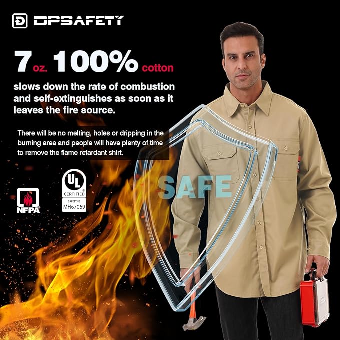 FR Shirt 7oz Fire Resistant Shirts Men's,CAT2 Welding Shirt 100% Cotton Flame Resistant Shirts Khaki (4X-Large)