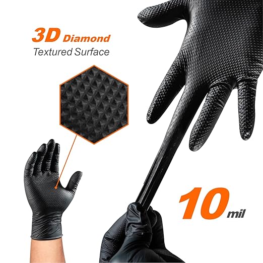 10mil Nitrile-Gloves Disposable-Black Chemical-Resistant Rubber - Mechanic Gloves Heavy Duty, Latex Free, Diamond Grip (100, Large)