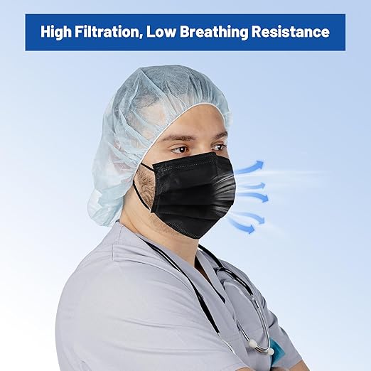 JMU 50pcs 3 Ply Black Disposable Face Mask, Medical Grade, Comfortable & Breathable Suitable for Protection