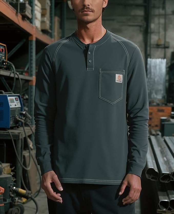 BOCOMAL Men's FR Shirt Pocket Henley Lightweight Flame Resistant Cotton Long Sleeve Workwear UL NFPA2112 CAT2 Welding Tee