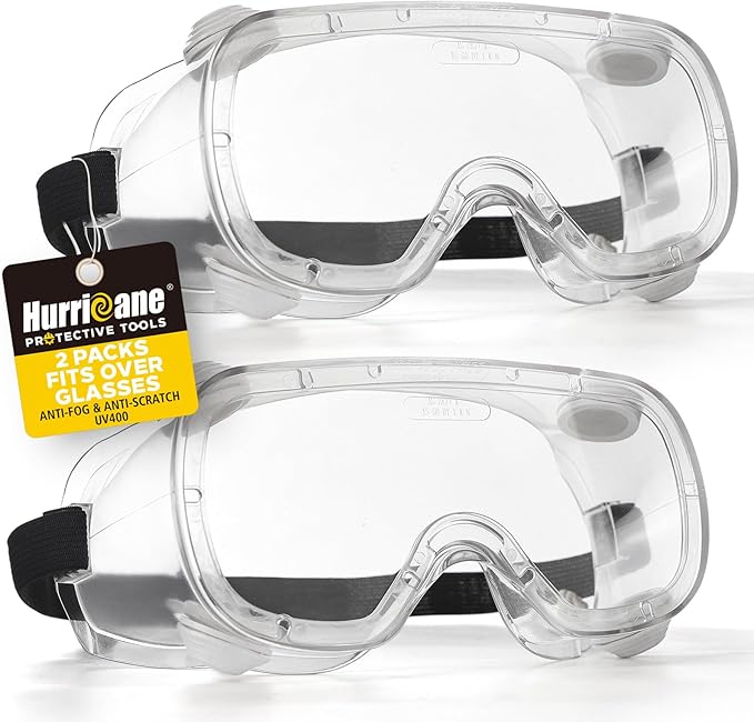 HURRICANE 2 Pack PVC safety goggles, UV400 transparent lenses, with white air valve, anti-fog function, adjustable elastic band