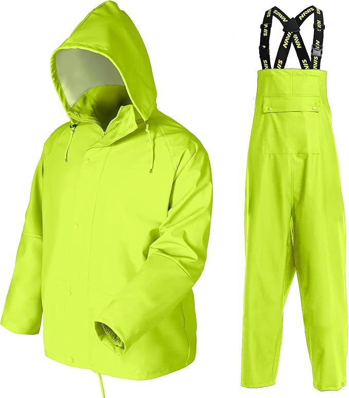 Men's Workwear PRO Rain Suit - Waterproof Jacket and Bib Pants 3-piece Set for Ultimate Safety and Comfort
