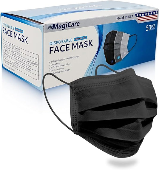 MAGICARE Masks Made in USA - Black Face Masks, Disposable - Adult 3 Ply Black Mask - Soft, Breathable (50/Box)