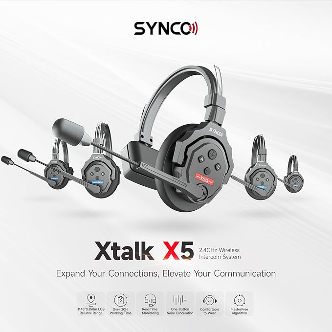 SYNCO XTalk X5 Full Duplex AEC Wireless Intercom Headset System Support 2.4GHz 5-Person Team Communication,350M/1148FT Real-time Monitoring,24-Hour Battery Life