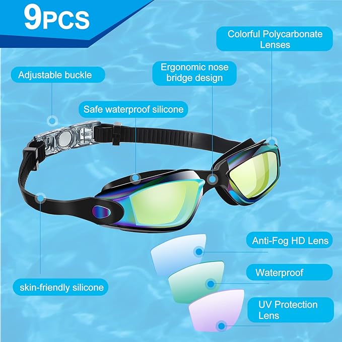 Yexiya 9 Pack Swim Goggles for Adult Anti Fog Swimming Glasses No Leaking UV Protection Pool party Goggles with Waterproof Earplug and Nose Clips for Men Women