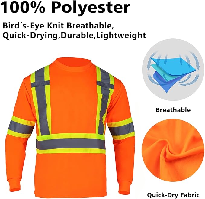 VENDACE Men's High Vis Safety Work T Shirt ANSI Class 3 Reflective Long Sleeve Shirt with Pocket(Orange,XL)