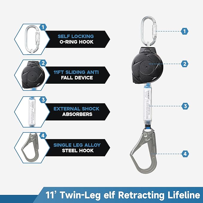 11FT Self Retracting Lifeline Fall Protection Retractable Safety Lanyard Rectracting Lifeline Personal Fall Arrest Protection ANSI Self Retractable Gear for Roofing Construction(Big Hook)