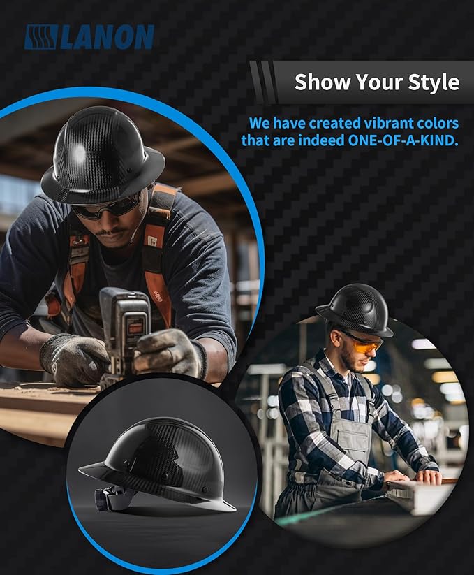 LANON Carbon Fiber Full Brim Hard Hat, OSHA Construction Work Approved, Classic Black Design, Lightweight Durable Safety Helmet with 6 Point Adjustable Ratchet Suspension, Class C