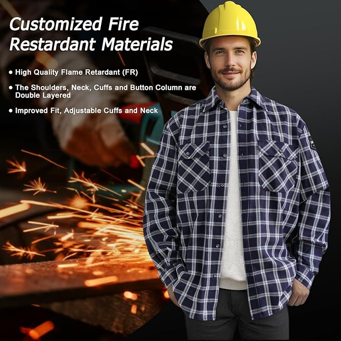 FR Shirts 6.25oz Flame Resistant Welding Shirt, 100% C FR Clothing for Men, Men's Fire Retardant Welding Jacket for Safety Work, Heavy Durable Welding Gear, Navy-Plaid 2XL