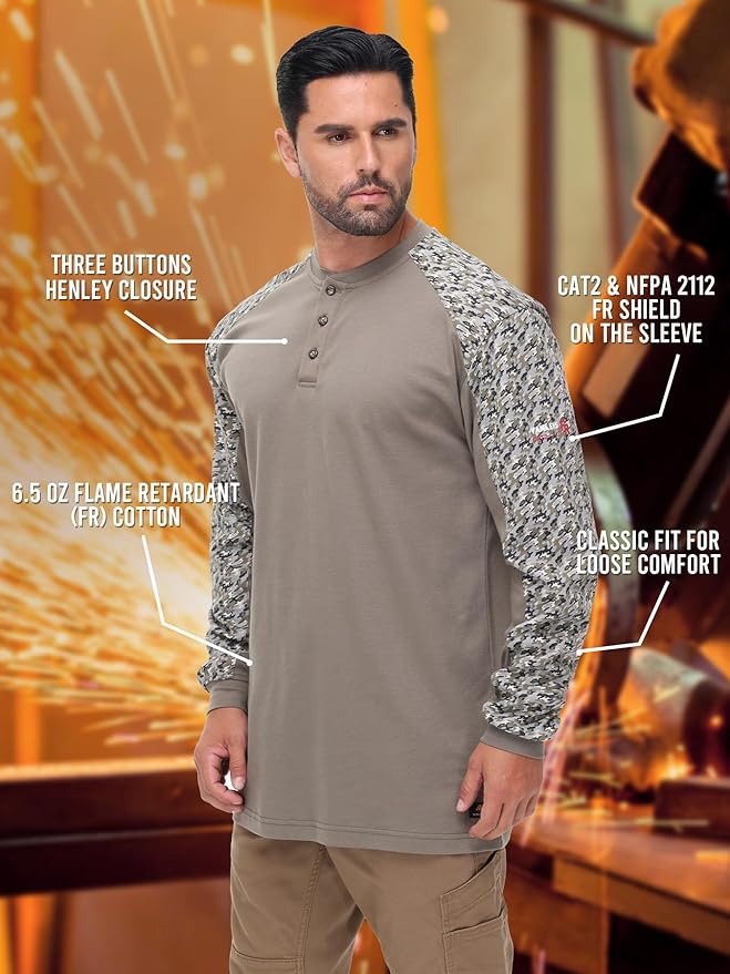 Men's Green Large Regular Fit 5.5oz 100% Cotton Long Sleeve FR Shirt for Work & Outdoor Activities