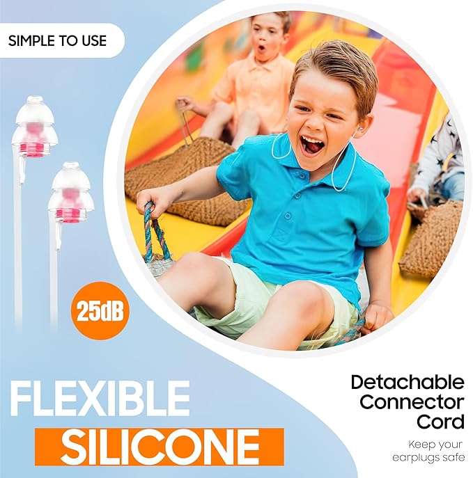 Kids Earplugs with String (6-12 yrs) – Ear Pressure Relief & Prevent Ear-Pain Airplane Travel Protection, Reusable Noise Sensitivity Ear Plugs for School, Home, Playtime, Beyond, 25 dB